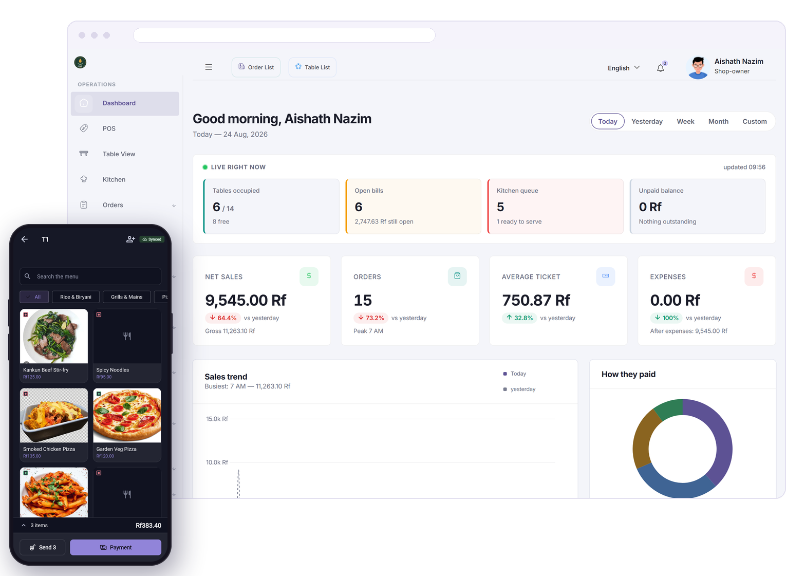 The RekordPlate dashboard in a browser, with the phone app taking an order at a table